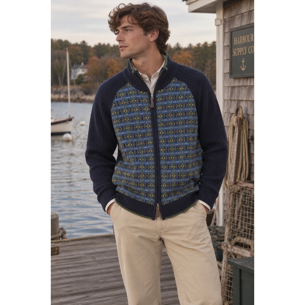 VTG Y2K Tommy Hilfiger Men L Navy Wool Full Zip Cardigan Fair Isle Heritage Prep